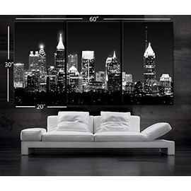 BoxColors - Large 30"x 60" 3 Panels 30"x20" Ea Art Canvas Print Beautiful Atlanta Skyline Light Buildings Wall Home (Included Framed 1.5" Depth)