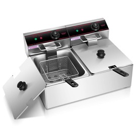 Giantex 3400W Commercial Deep Fryer Dual Tank, 12.8QT Stainless Steel Electric Deep Fryer with 2 Baskets, Lids and Temperature Control for French Fries Turkey Chicken Restaurant Home Kitchen