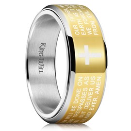 King Will Stainless Steel Spinner Wedding Band for Men-8mm Silver Golden Plated Lord's Prayer Cross Ring Bible Engraved Wedding Ring for Men 9.5