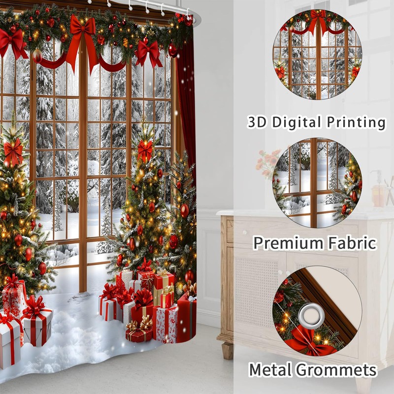 KDYDK Christmas Shower Curtain Winter Snow Window Scene 70" L