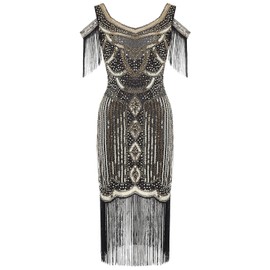 868 - Plus Size 1920s Vintage Fringed Sequin Beads Cold Shoulder Tassels Flapper Party Cocktail Dress (Black Gold, 1X)