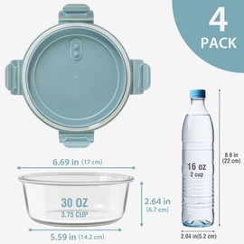 30oz Glass Meal Prep Containers with Lids, Airtight 3.75 Cup Food Storage Containers Set, Heat-Resistant BPA-Free Glass Containers for Soup Leftover, Microwave, Dishwasher, and Freezer Safe (4 Packs)