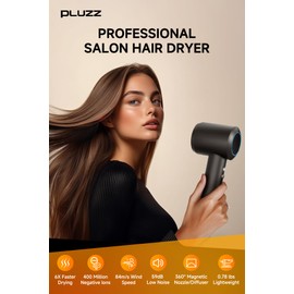 PLUZZ Professional Hair Dryer with Diffuser for Curly Hair, 400M Negative Ionic Blow Dryer for Fast Drying, 120,000 RPM High-Speed Brushless Motor, Low Noise Lightweight, Travel-Friendly (Black)