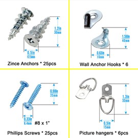 Ansoon Self-Drilling Hollow Metal Stud Wall Anchors with Screw Kit for drywall heavy duty, All 62 Pieces-25 Heavy Duty Wall Anchor, 25 Tapping Mount Screws, 6 D Ring Picture Hangers, 6 Hanging Hooks