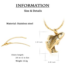 Constanlife Cremation Necklace for Ashes Stainless Steel Fish Design Memorial Necklace Keepsake Jewelry Cremation Urns for Human Ashes Cremation Jewelry Fish Gift for Men Women （Gold）