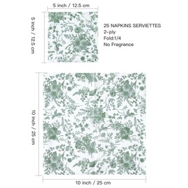WRAPAHOLIC 25Pcs Sage Green Floral Guest Napkins - Sage Green and White Toile Paper Napkins for Bridal, Baby Shower, Tea, Garden, Birthday Party - 5 x 5 In