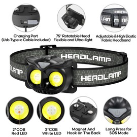 Lsnisni Headlamp Rechargeable,Ultra-Light Bright LED Kids Headlamp with Red Light, Head lamp for Adults and Kids with 5 Modes, Waterproof Forehead Flashlight for Camping Outdoor Hiking Running