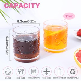 11OZ Ribbed Glass Coffee Cups Set of 6, Vintage French-Style Glasses with Delicate Pink Bow and Dot Relief, Elegant and Durable Glassware for Hot and Cold Beverages, Thick-Bottomed and Dishwasher Safe