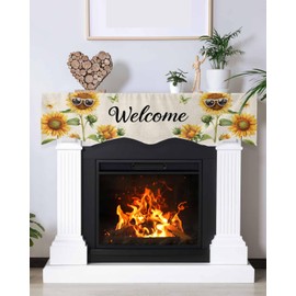 Bilagawa Table Runner Mantel Scarf Fireplace, Farmhouse Sunflower with Sunglasses Linen Grain Fireplace Scarf, Perfect Fireplace Cover for Holiday Party Home Decor, 70" Long