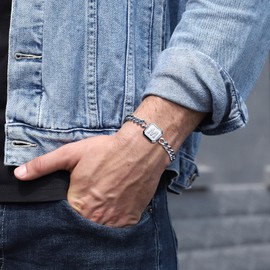 Initial Bracelet Silver Squre A-Z Letter Cuban Link Chain Mens Bracelets Adjustable Size Stainless Steel Men Jewelry Gifts for Husband Dad Brother Son(Sliver J)