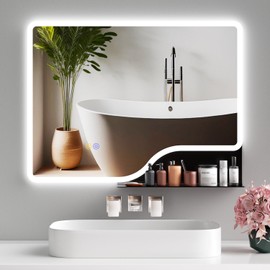 Callsky 32"x 24" LED Bathroom Mirror with Shelf, 3 Colors Backlit Vanity Mirror with Lights, Wall-Mounted Bathroom Mirror with Lights, Smart Mirror with Anti-Fog, Stepless Dimmable, Memory (UL, ETL)