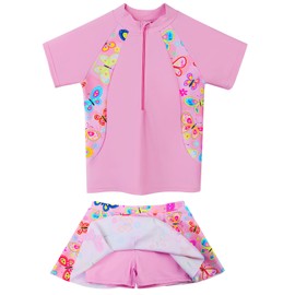 Girls Rash Guard Swimsuits Set 2 Pieces Bathing Suit UPF50+ Kids Zipper Beach Swimming Skirts with Shorts Swimwear 3-12Y, Stylish Pinkbutterfly, 3-4T