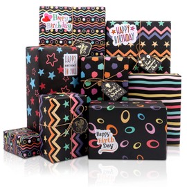 MAMUNU Gift Wrapping Paper Set, 6 Black Wrapping Paper Sheet with Colorful Dots Stripes Stars Pattern, All Occasion Wrapping Paper with Stickers and Gift Tags for Birthday, Graduation, 70x50CM