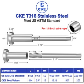 CKE 50 Pack Invisible Cable Railing Kit 1/8" Cable Railing Tensioner Invisible Receiver and Swage Stud End for Cable Railing Hardware, T316 Swage Tensioner and Terminal Hidden for 2x2 Wood/Metal Post