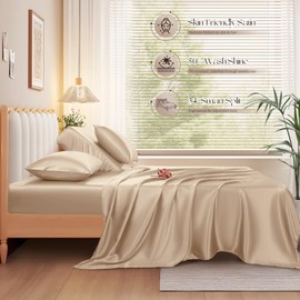 Manyshofu 4Pcs Half Split Flex Head King Sheets Sets for Adjustable Bed, Satin Split King Bed Sheets Silky Beige Satin Sheets Top Flex Sheet - Cooling Sheet Set with 14-16 Inch Deep Pockets