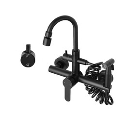 CHOMLEY 304 Wall Mount Faucet with Sprayer 8 Inch Kitchen Faucet 360° Rotation Foldable Sink Water Taps with Spray Gun and 2 Water Jet, Matte Black Faucet for Kitchen RV Camper Marine Boat Bar