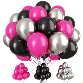 Paready Hot Pink and Black Balloons, 30 Pcs 12 Inch Black Hot Pink and Silver Latex Balloons with Ribbons for Girls Birthday Engagement Anniversary Wedding Bridal Shower Party Graduation Decoration