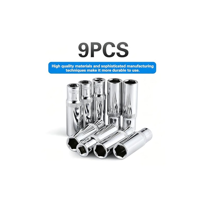 9-Piece 10mm Deep Sockets, 1/4-Inch Drive, 6-Point, Corrosion Resistance, Compatible