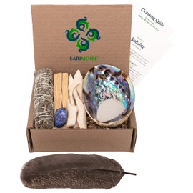 Sarimoire Sage Kit - Smudge Kit with Common Sage, Palo Santo Sticks, Abalone Shell, Sodalite Crystal, Feather & White Sand