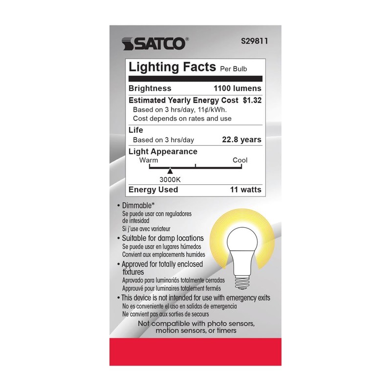Satco Lighting S29811-11 Watt A19 LED Dimmable Frosted Light Bulbs