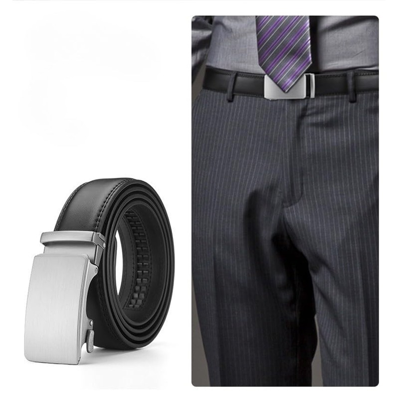 Acewin Men's Leather Belt, Automatic Work Belt, Adjustable, Width 35