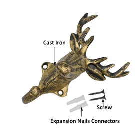 Maydahui 2 Pcs Retro Brass Deer Head Hooks Vintage American Country Style Gold Cast Iron Reindeer Elk Hanger Hooks(4.33x6.3inch) for Coat Rack Key Holder Christmas Home Decor Party Gift