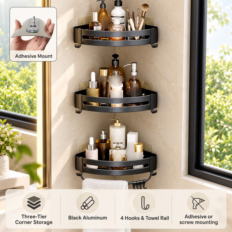 Aluminum Shower Caddy for Bathroom Storage – No-Drill Wall-Mounted Organizer