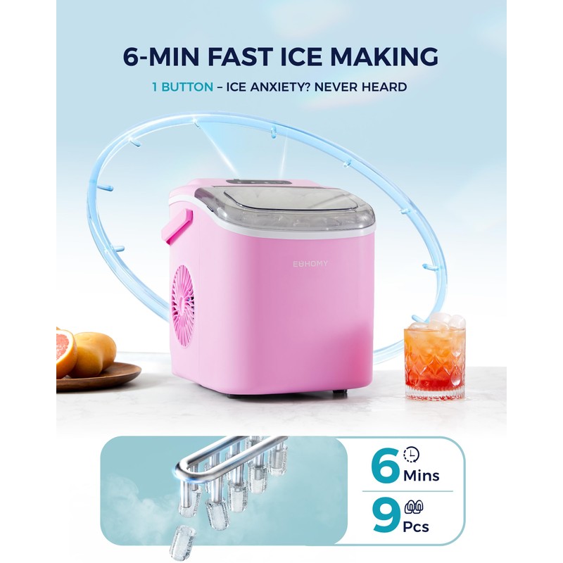 EUHOMY Countertop Ice Maker Machine with Handle, 26lbs in 24Hrs,