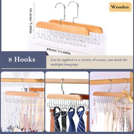4 Pack Wooden Belt Hanger for Closet, Anti Slip Multi Hook Coat Rack Bra Hanger with 8 Hooks, Closet Accessories Organizer Hooks for Belts, Ties, Scarfs, Bras, Camisoles (Wood Color)