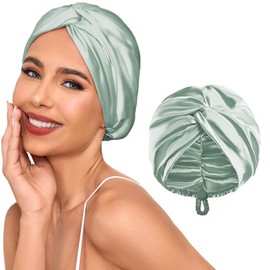 Adjustable Silk Satin Hair Bonnet for Sleeping Women, Double Layer, Silk Hair Wrap for Sleeping Women Men, Curly Natural Braid Straight Unisex (Green)