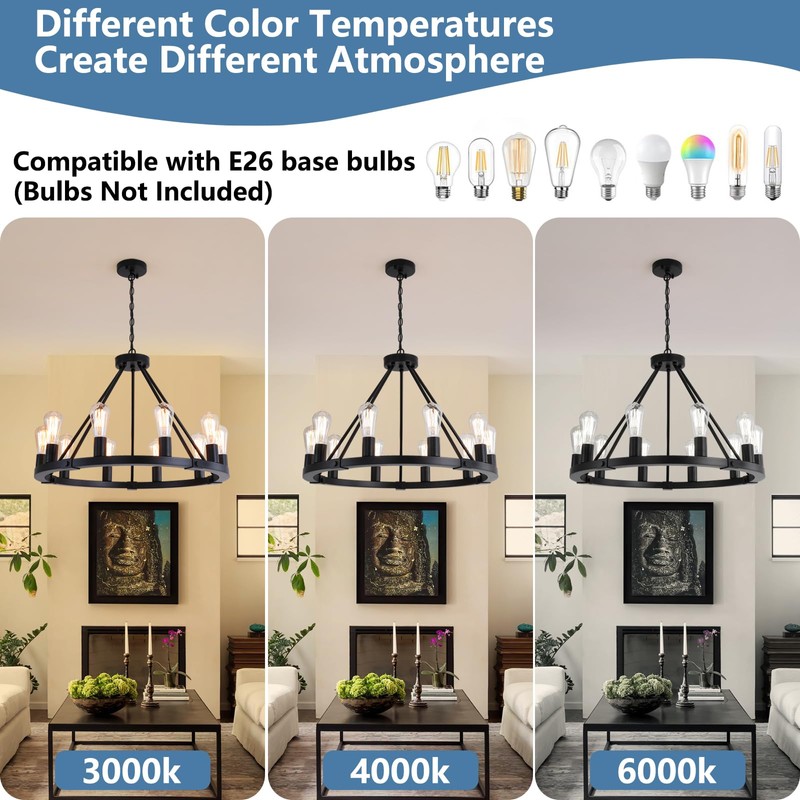 9MMML 10 Lights Wagon Wheel Chandelier, Black Round Globe Wrought