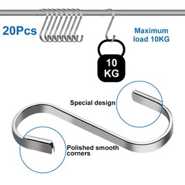 Pack of 20 S Hooks, Stainless Steel Flat Metal Hooks for Hanging, Kitchen Hooks, Double Hooks, S Shaped Hanging Hooks, Stainless Steel Hooks for Kitchen Utensils, Utensils, Plants, Silver, Maximum