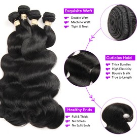 Yifute Human Hair Bundles Body Wave 4 Bundles (24 26 28 30 inches) 100% Brazilian Unprocessed Body Wavy Bundles Human Hair10A Natural Black Weave Hair Extensions for Women