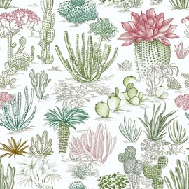 PODUFF Desert Cactus Wallpaper – Vintage Botanical Peel and Stick Wallpaper, Self-Adhesive Vinyl for Nature-Inspired or Boho Decor, 17.7in x 118in