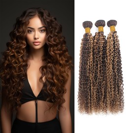 QEUOPE P430 Human Hair Highlight Brown Kinkycurly Bundles 24 26 28 Inch Double Weft Brazilian Hair Extension Ombre Two Tone Color 4 Mixed With Color 30 Deep Curly Bundles Soft Silky for Women