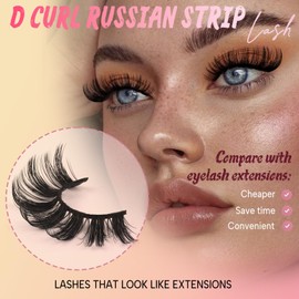 Ahrikiss Lashes Russian Strip Lashes That Look Like Extensions D Curl Fluffy False Eyelashes 10 Pairs 3D Volume Fake Lashes Wispy Faux Mink Lashes Natural Look (D19)