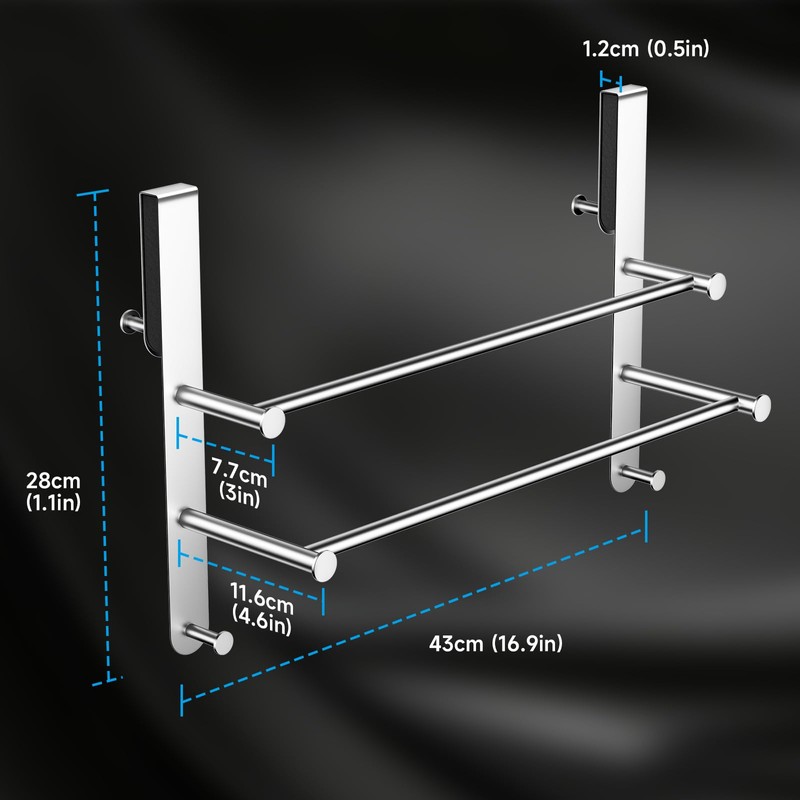 Frameless Glass Door Shower Towel Rack, Double Bar, 8 Hooks,