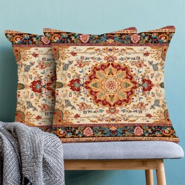 GIOPAMGO Boho Pillow Covers 18x18 Set of 2, Persian Carpet Red Orange Boho Throw Pillow Covers Linen Farmhouse Floral Bohemia Rug Decor Cushion Case Boho Home Decor for Couch Sofa Outdoor, 241195