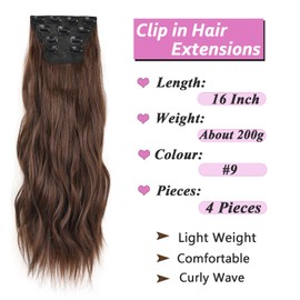 Samtress 16 Inch Clip in Hair Extensions Long Wavy Hair Extensions Brown Hair Extensions Clip in for Women 4PCS Synthetic Hair Extensions Fiber Hairpieces for Daily Wear (#9)