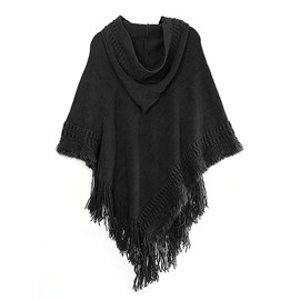 SUZALA Women Tassel Hooded Cape Ponchos Shawls Knitted Wrap Hoodies Sweater Tops (Black)