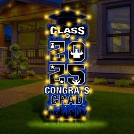 2025 Graduation Yard Sign Decorations with LED Light Blue Black Class of 2025 Lawn Signs with Stakes for High School College 2025 Congrats Graduation Party Outdoor Decoration Supplies
