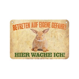 Hier wache ich Kaninchen Tin Sign - Decorative Metal Sign with Cord and Suction Cup - Hanging Sign for Rabbit Hutch - Rabbit House Decoration Accessories - Funny Sign - Warning Sign - 18 x 12 cm
