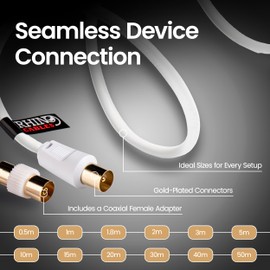 rhinocables Coaxial TV Aerial Cable with Gold-Plated Connectors | Male to Male RF Coax Lead with Female Adapter | Universally Compatible Fly Lead for HD/Standard TVs & Satellite Receivers (1m,White)