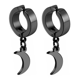 Black Gothic Clip On Moon Dangle Hinged Earrings Hoop, Stainless Steel Non-Pierced Punk Earrings Jewelry for Men Women