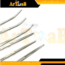 artlab Hemostat Forceps Pliers, Serrated, Curved and Straight Tips, 6.25in + 7.25in + 8in | Stainless Steel Fishing Pliers Fish Hook Removing Serrated Forceps (Pack of 6pcs)