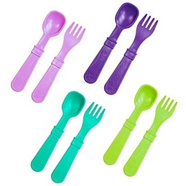Re-Play Made in USA Toddler Forks and Spoons, Pack of 8 Without Carrying Case - 4 Kids Forks with Rounded Tips and 4 Deep Scoop Toddler Spoons - 0.2" Thick Toddler Utensils, Mermaid