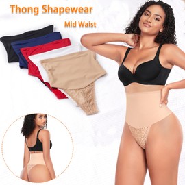 Werena Tummy Control Thong Shapewear for Women Mid High Waisted Body Shaper Underwear Lace Shaping Thong Girdle Panties(#A1 Mid Rise Beige,3X-Large)