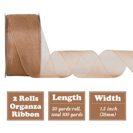 HUIHUANG 2 Rolls Shimmer Sheer Organza Ribbon 1-1/2 Inch Tan Chiffon Fabric Ribbon for Wedding Gift Wrapping Floral Bouquet Baby Shower All Types of Crafts - 50 Yards Each Roll