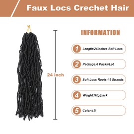 Soft Locs 24 Inch 6 Packs 108 stands Crochet Hair Faux Locs Pre-looped Super Lightweight Goddess Locs Synthetic Crochet Hair Braids For Black Women (1B, 24Inch（Pack of 6）)