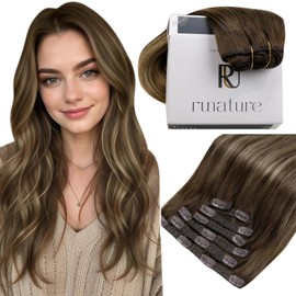 RUNATURE Balayage Clip in Hair Extensions Real Human Hair, Straight Hair Extensions Clip Ins, Double Weft Thick Remy Hair, Natural Looking, No Splits, 14 Inch 120g 7pcs #4/27/4 Brown Ombre